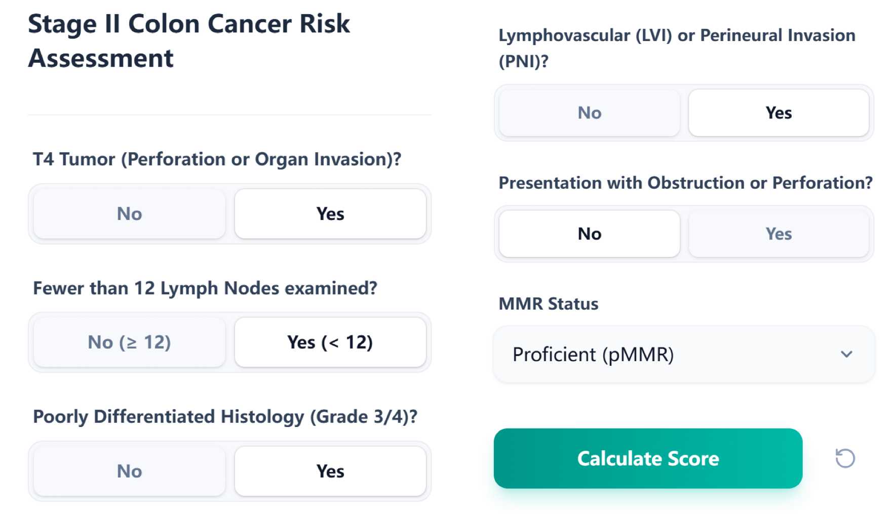 Stage II Colon Cancer Risk Assessment input form